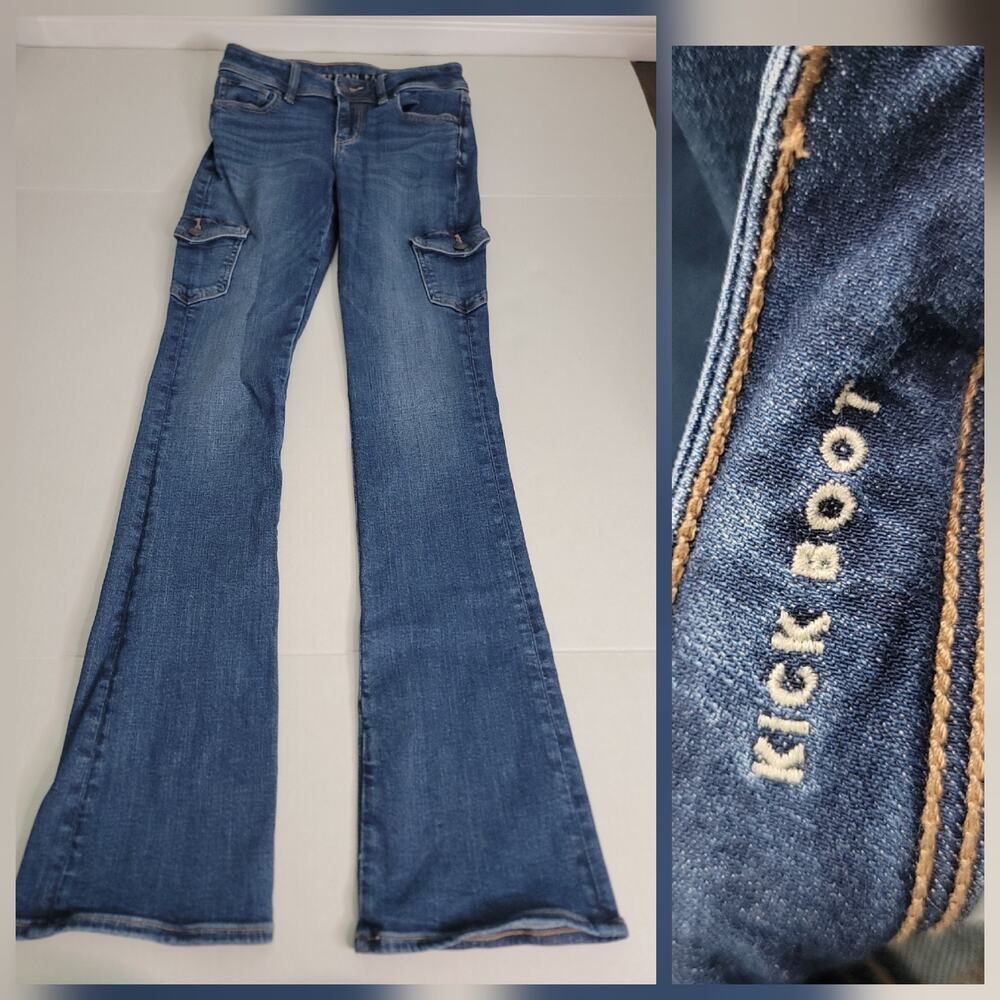 AMERICAN EAGLE Jeans SZ 00 Long Kick Boot Cargo Stretch Dark Wash Y2K 90's